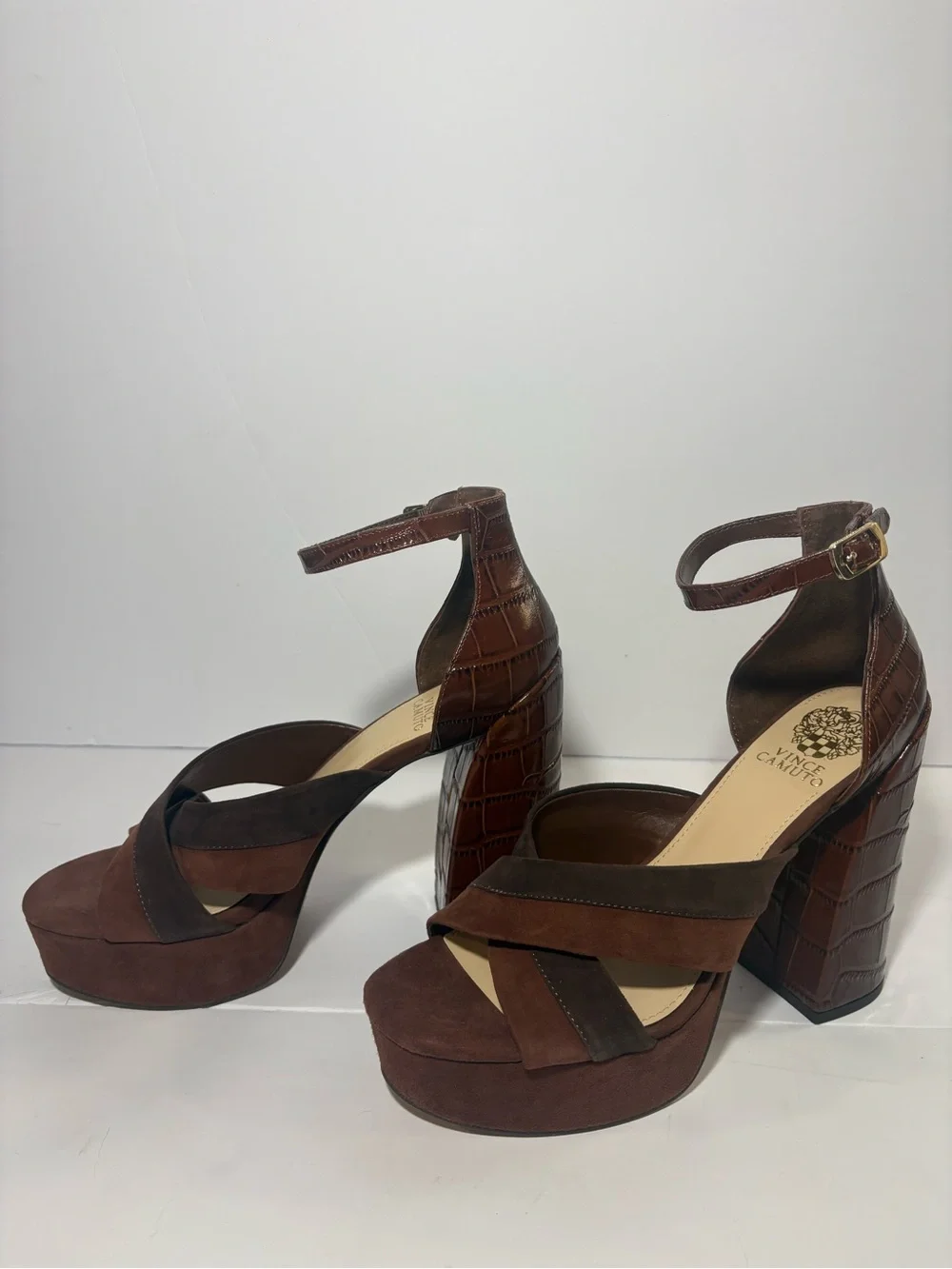Vince Camuto Brown Suede & Croc-Embossed Platform Sandals Size 10